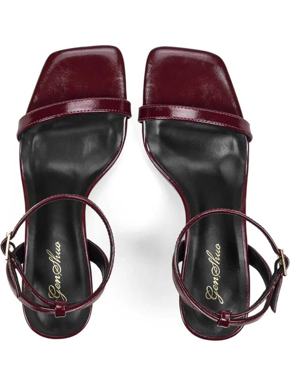 Women's Wine Red Kitten Heels Square Open Toe Ankle Strap Sandals Strappy Heels
